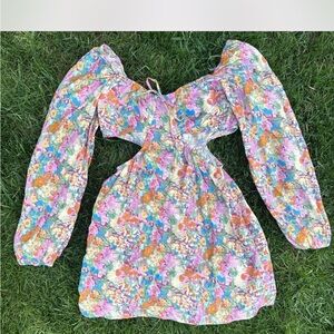 Floral Puff Sleeve Cutout Mini Dress